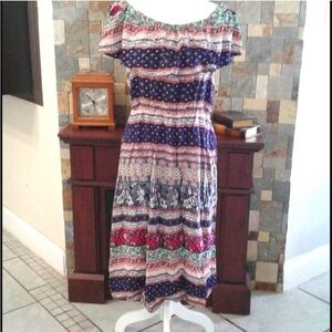 J for Justify Navy Boho Prairie Cottagecore Multipattern Ruffled Summer Dress